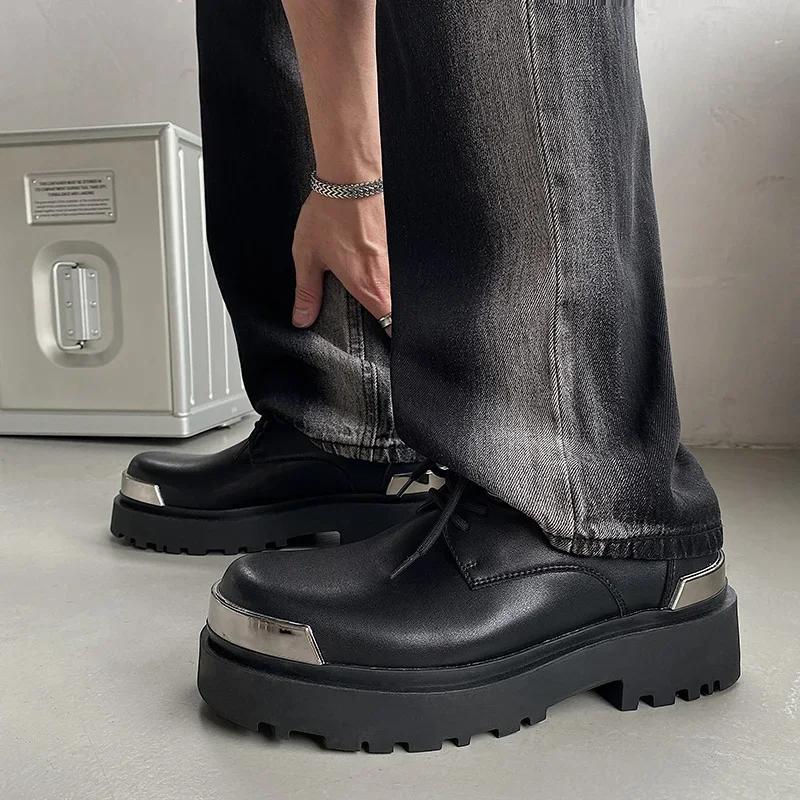 Men Harajuku Korean Genuine Leather Couple Shoes Streetwear Fashion Casual Thick Platform Metal Wedding Men Loafers Shoes 44 35