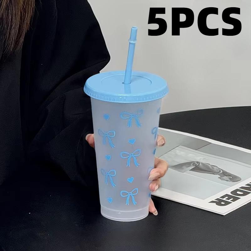 20Pcs Bowknot Plastic Cup with Straw Lid for Ice Coffee Juice Tea Plastic Cup Portable Drinking Bottle Valentine's Day Gift