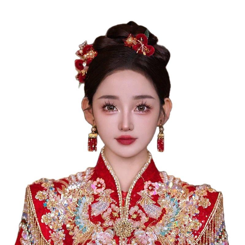 Chińska biżuteria ślubna na głowę: 2025 Spinka do włosów z Koroną Feniksa i Frędzlami do Sukni Smoka i Feniksa.