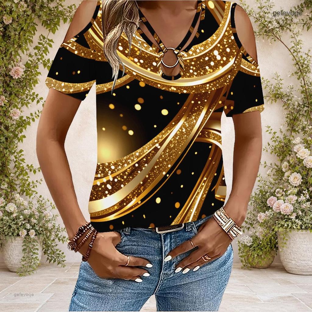 Women Plus Size Keyhole Ring Neck Cold Shoulder Short Sleeve T Shirt Skull Rose Printed Cyan Black