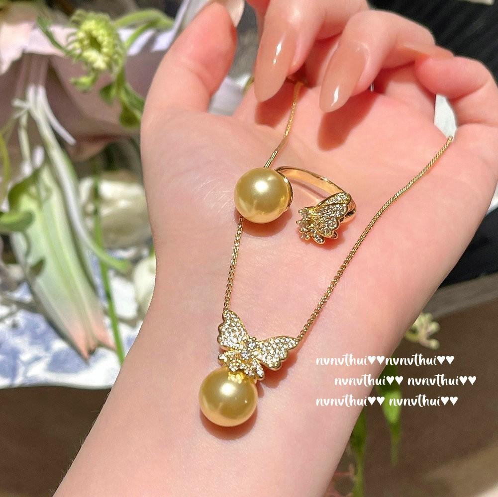 Jewelry, Riyao Gilt Thick Gold Pearl Butterfly Gemstone Necklace, Banquet Haute Couture Flower Butterfly Bead Earrings Set