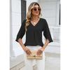 Women's V Neck 3/4 Split Sleeve Blouse Loose Fit Front Pleated Detail Casual Solid Chiffon Top