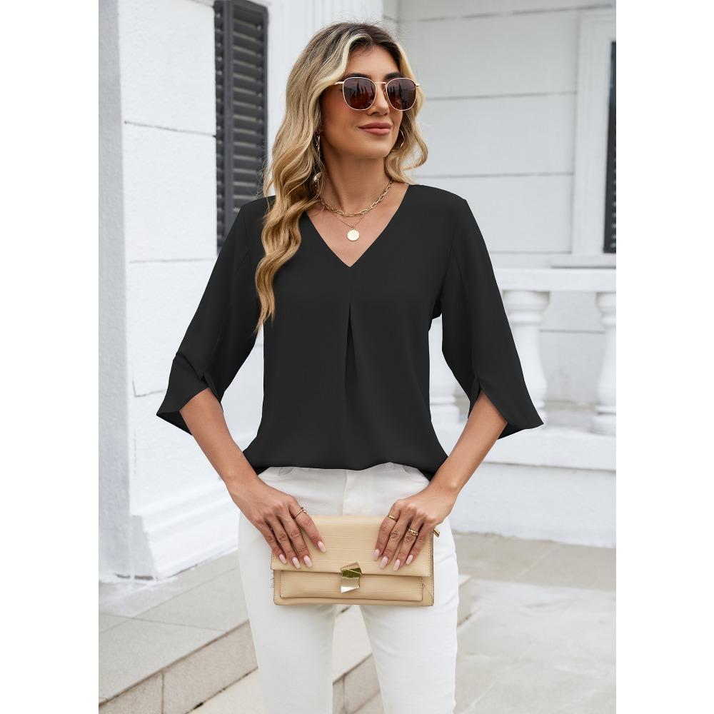 Women's V Neck 3/4 Split Sleeve Blouse Loose Fit Front Pleated Detail Casual Solid Chiffon Top