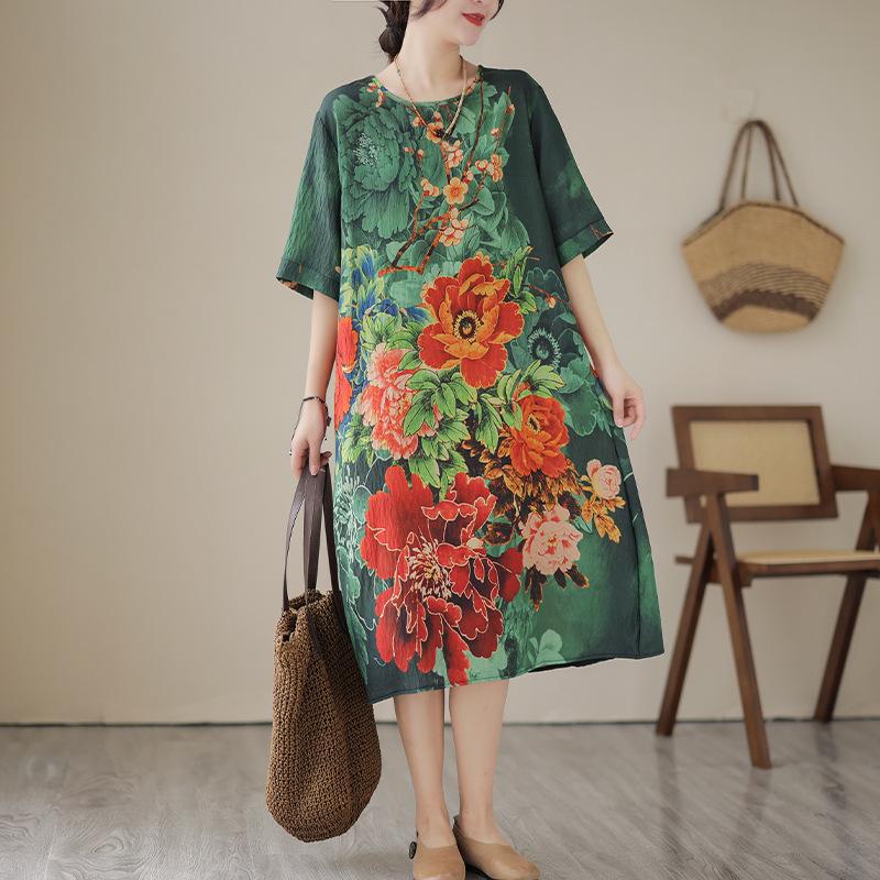 

Летнее этническое платье с цветочным принтом из хлопка и льна для женщин, 2023 One Size