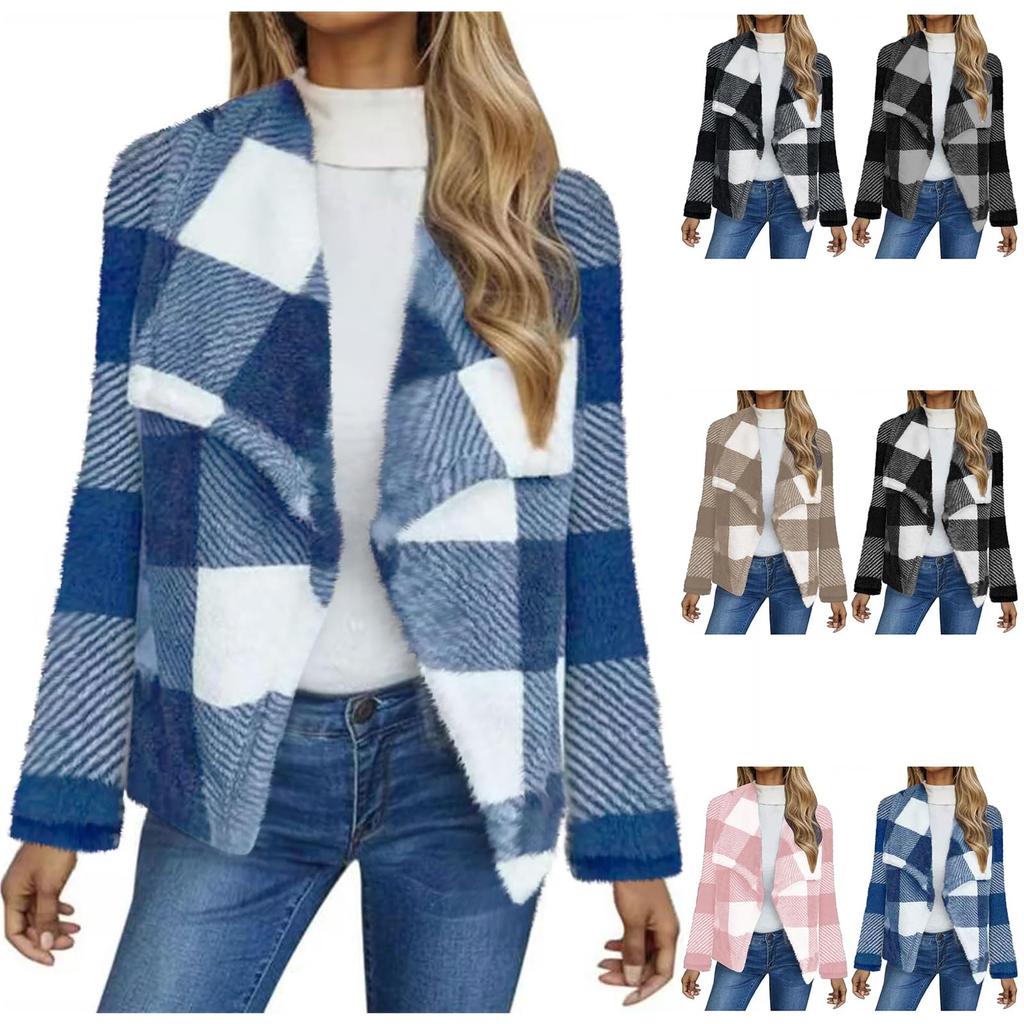 Ladies' Fashionable V Neck Long Sleeved Pocket Color Blocked Cardigan Flannel Warm Sleepwear Jacket