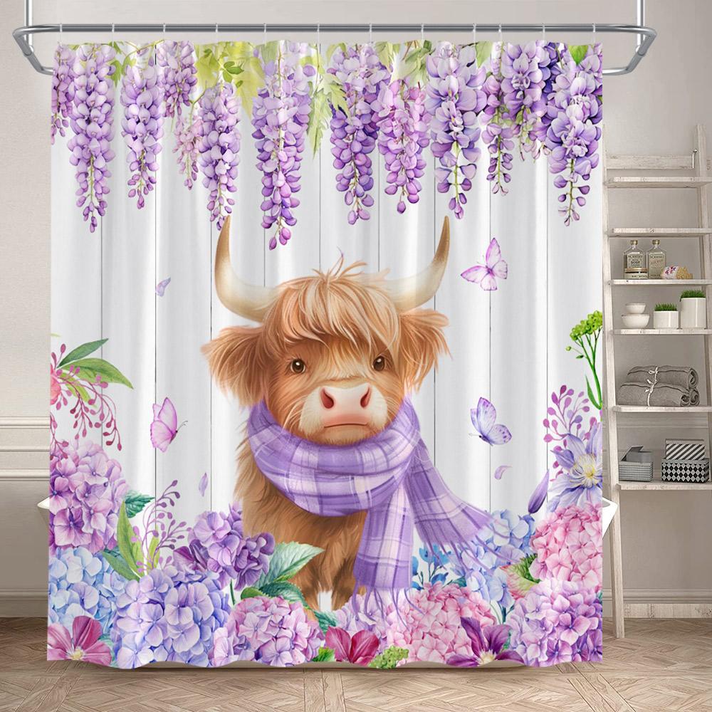 Farm Animals Shower Curtains Highland Cow Pig Horse Rustic Purple Floral Sunflower Autumn Scenery Fabric Bathroom Curtain Decor