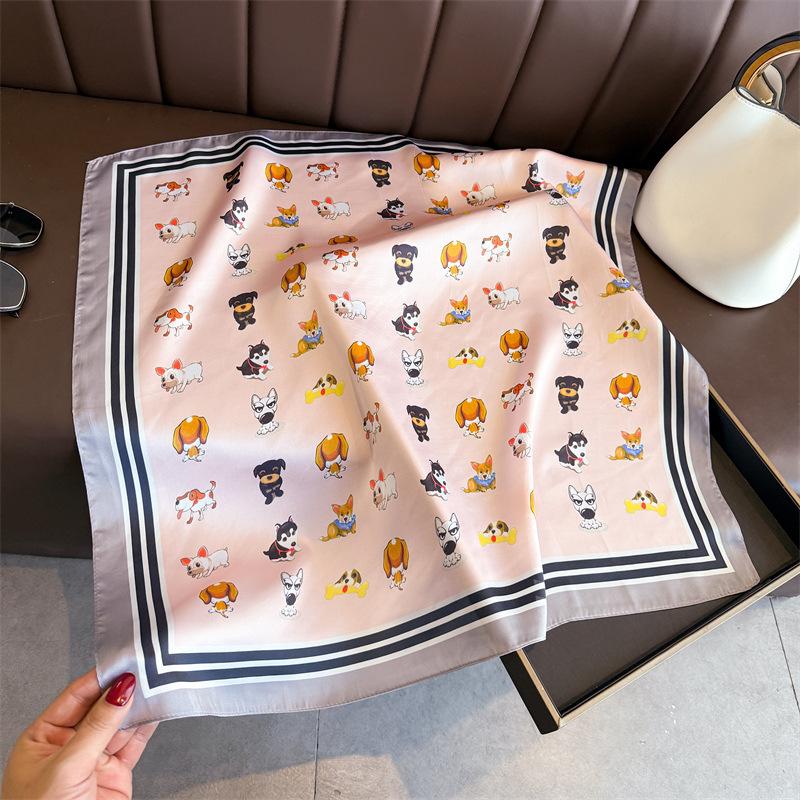Cute Dog High-end Small Square Scarf Square Scarf Silk Scarf Simulation Silk Printing Atmosphere Shawl Neck Headscarf Scarf Women's Sun Protection