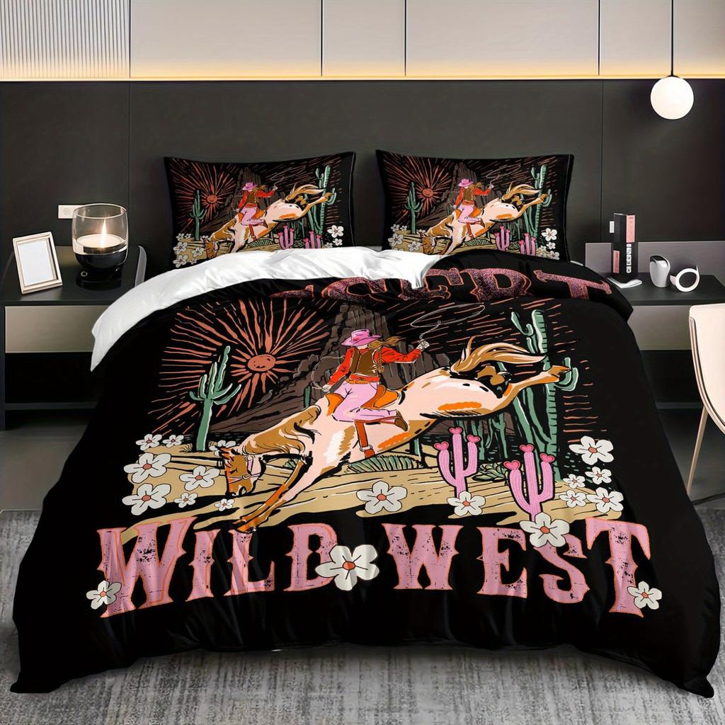 3Pcs Cowgirl Wild West Bedding Duvet Cover Set Wild West Bedding Quilt Set Bohemian Themed Bed Quilt Set Vintage Cowgirl