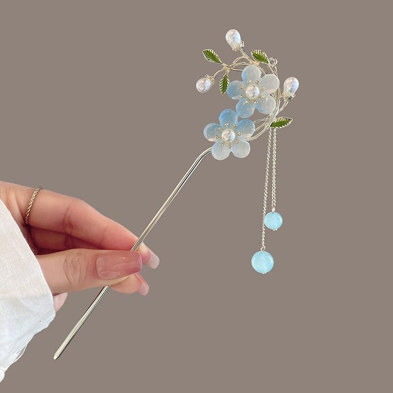 Classic Chinese Double Flower Hair Stick Pins for Women Flower Beaded Tassel Handmade Hairpins Jewelry Accessories Hair Ornament