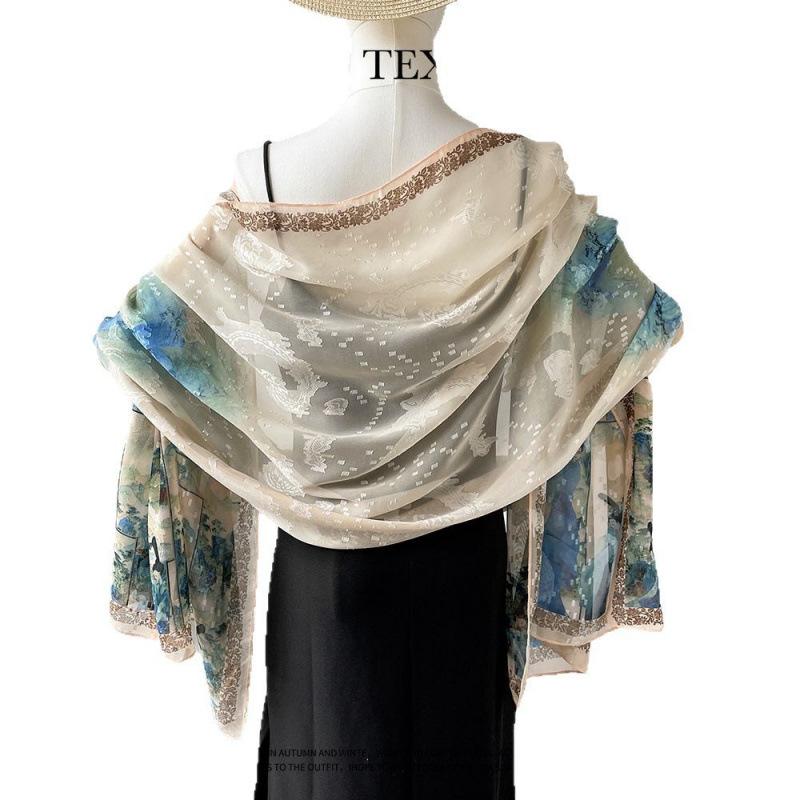National Style and National Trend Green Hollow Flower-cutting Dinner Shawl for Women New Craft Printed Silk Scarf High-end Wedding Scarf