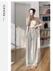 Petite Oatmeal Wide-Leg Pants for Women - High Waist, Drapey, Loose Fit, Floor-Length for Spring and Autumn.