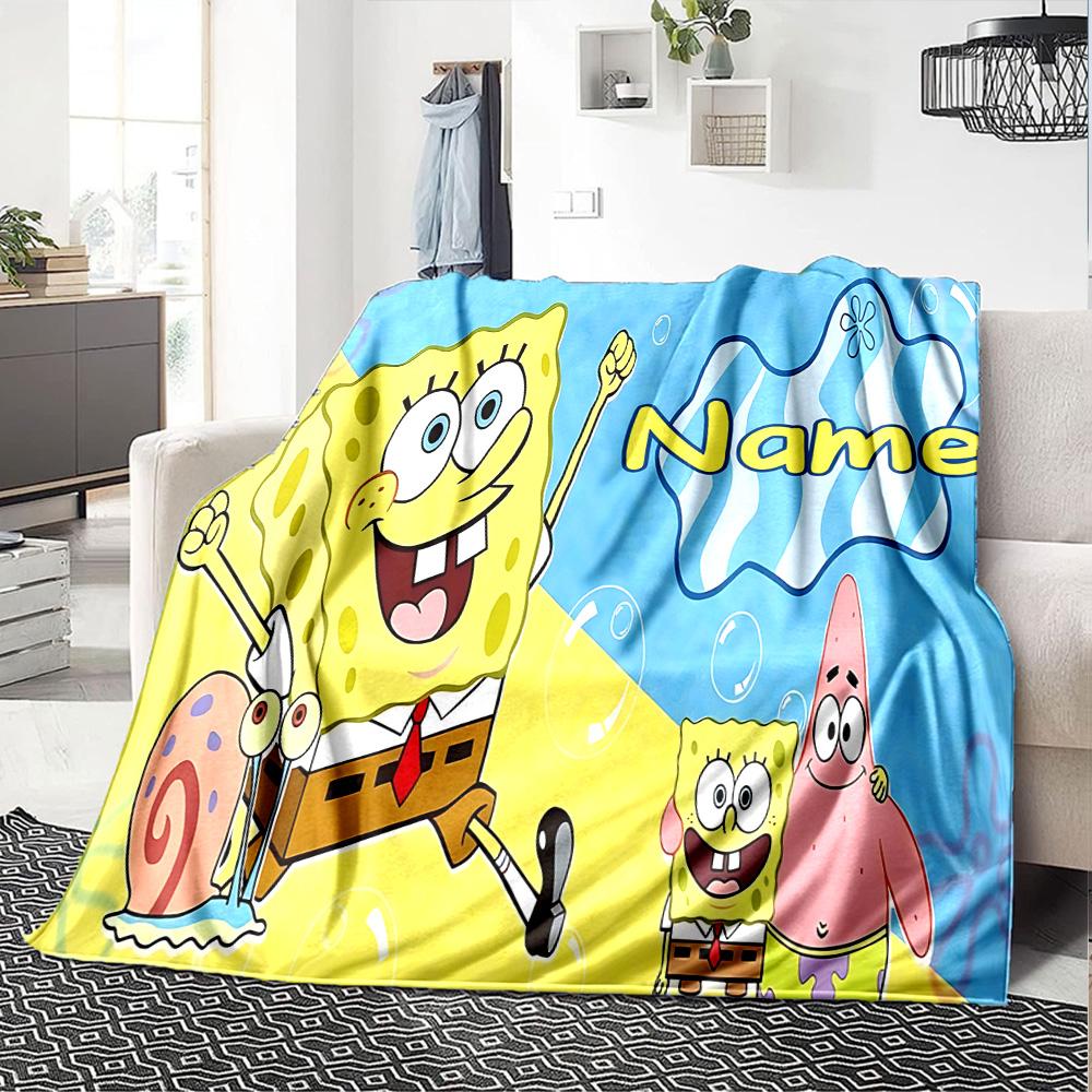 Custom Name Spongebob Forest flannel Blanket for Super Soft Cute Comfort Blanket for Travel Bedding Couch Sofa Blanket