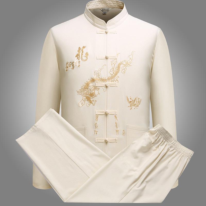 Chinese Traditional Men's Tang Suit Sets Long Sleeve Long Pants Dragon Kung Fu Suit Embroidery Dragon Shirt