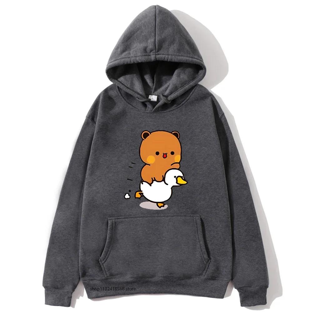 Cute Bubu and Duud Is Riding A White Duck Hoodie Panda and Brownie Bear Clothes Sweatshirts Hooded for Men Women Sudadera