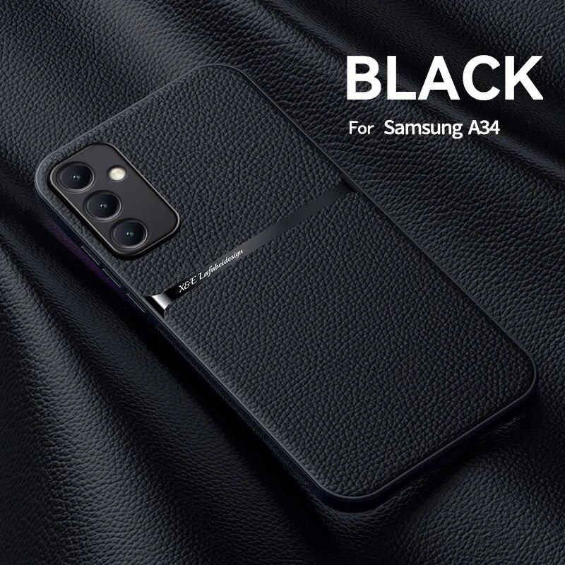 

Для Samsung Galaxy A34 5G кожаный чехол с магнитным держателем для телефона Samsung A34 5G A 34 SM-A346B с металлической пластиной задней крышкой For Galaxy A34 5G чёрный