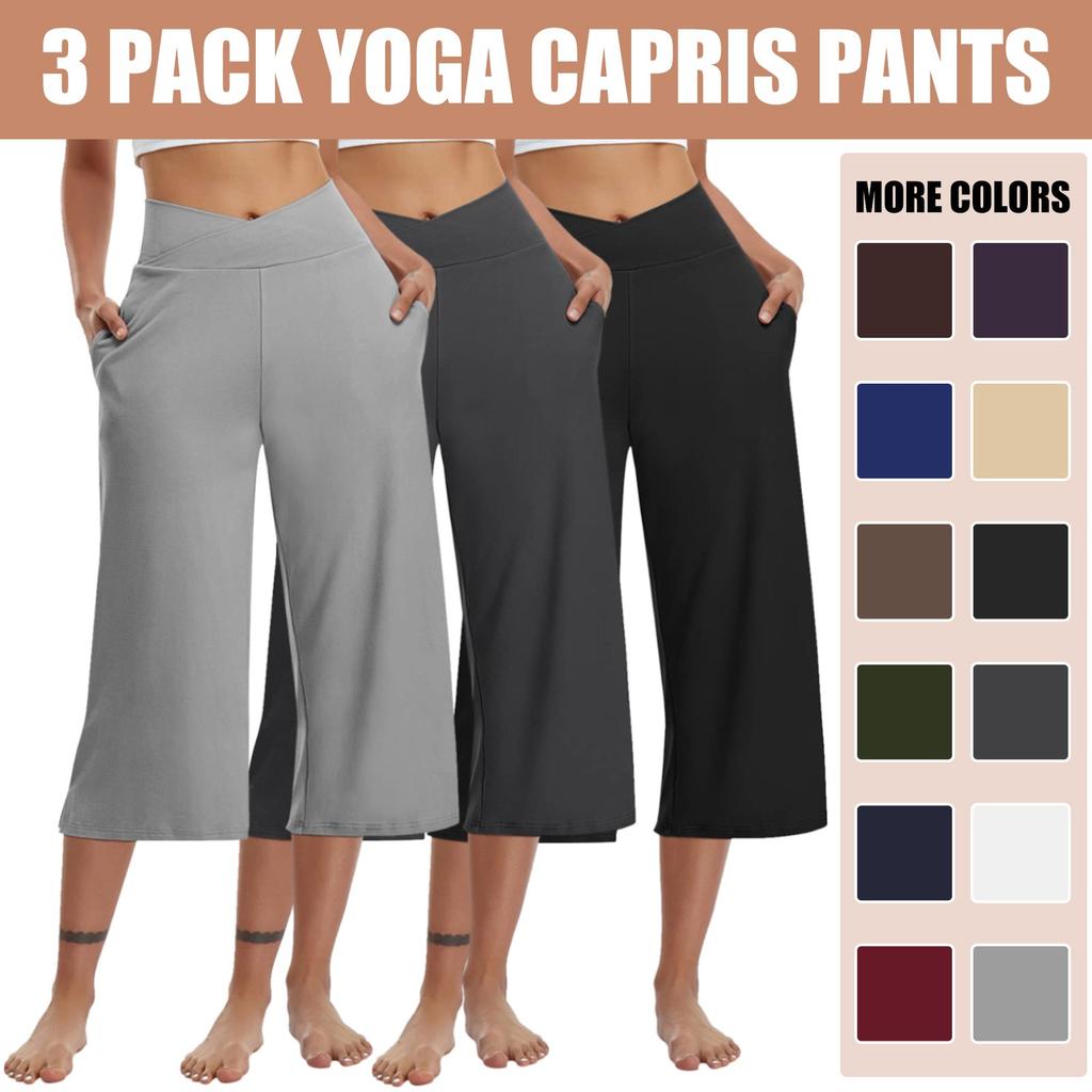 3 Pack Women Elastic High Waist 3/4 Pant Casual Active  Fit Wide Capris Leg Pants Trousers With Pockets