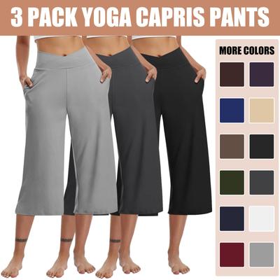 3er-Pack Damen Elastische Hohe Taille 3/4 Hose Lässige Passform Weite Capris Hosen mit Taschen