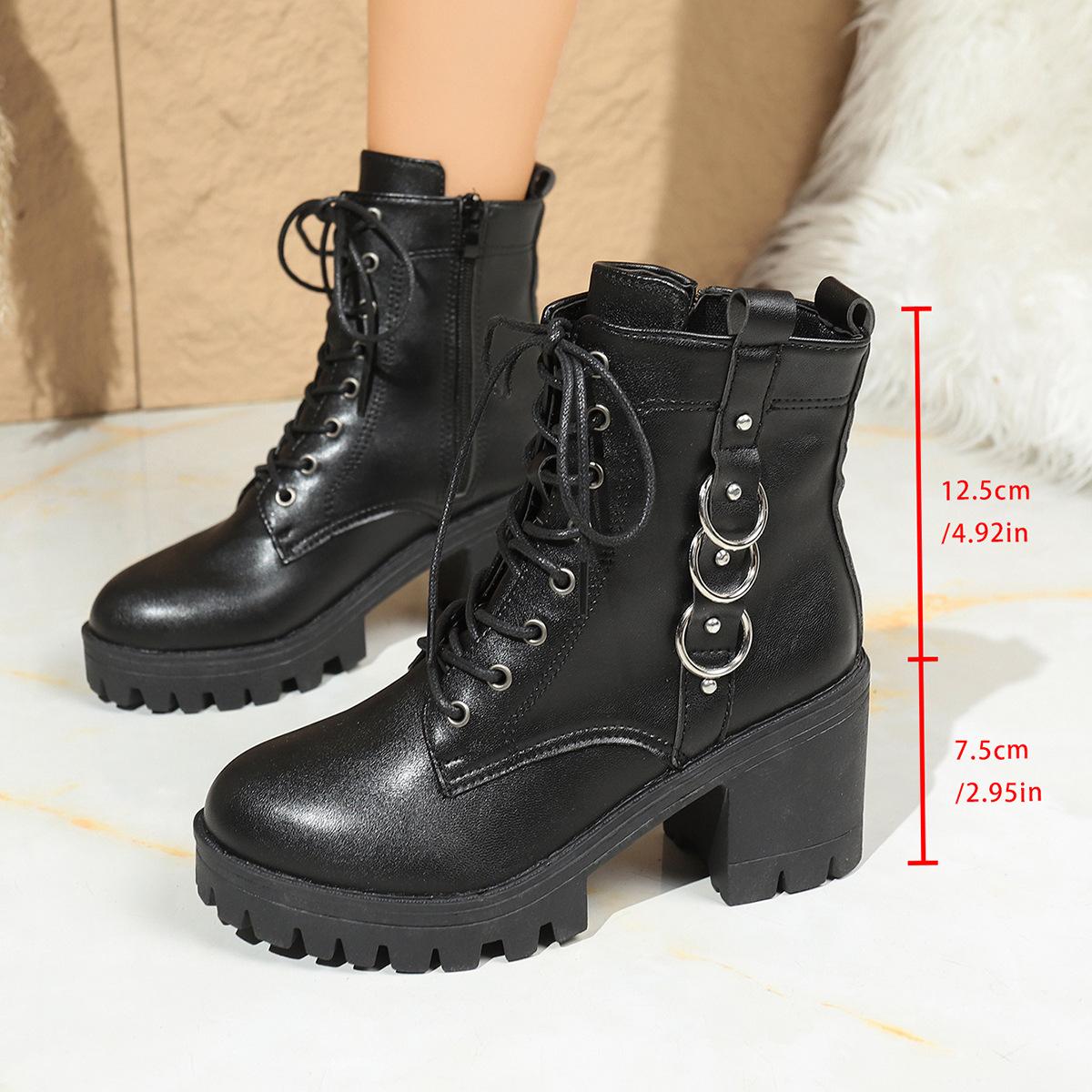 

осень-зима 2025 новая обувь женские ботинки мартин на шнуровке с круглым носком в британском стиле с ремешком и боковой молнией на высоком каблуке короткие ботинки 42 чёрный