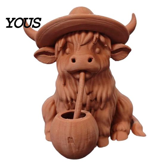3D Printed Cow Sculpture Rustic Highland Ornament, Terracotta Color Statue, Modern Home Accessory Cute Figurine for Desk Shelf Farmhouse