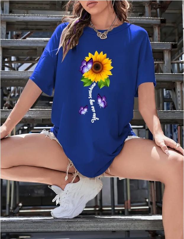 Fashion Women Simplified Sunflower Letter Splicing Print T Shirt Funny Casual O-neck Short Sleeves T-shirt Summer Female Tee Shirt