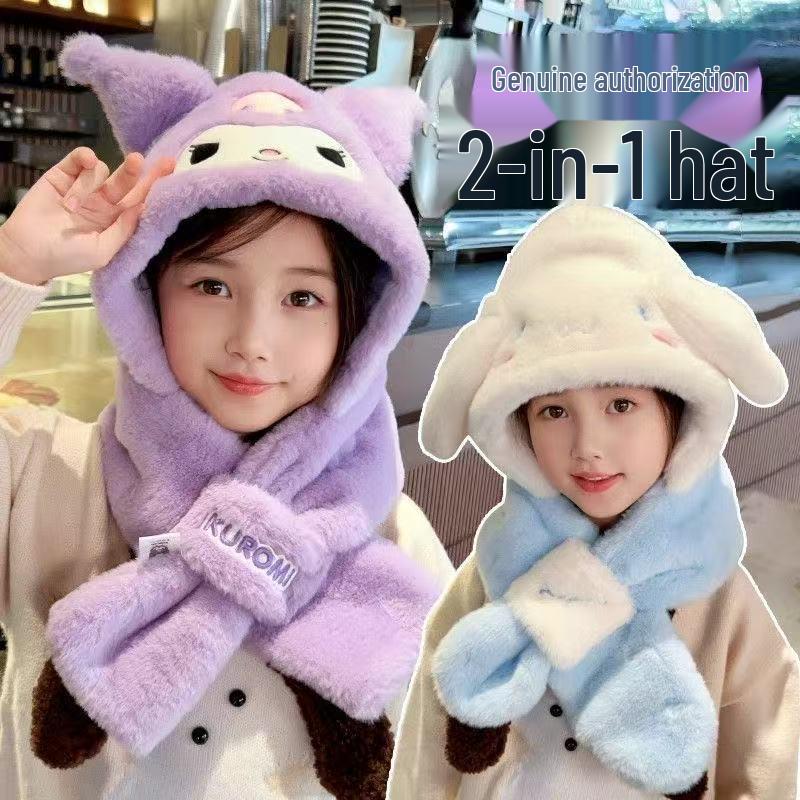 Kuromi Melody Plush Hat & Scarf Set for Kids - Cute, Warm, Cartoon Winter Accessory