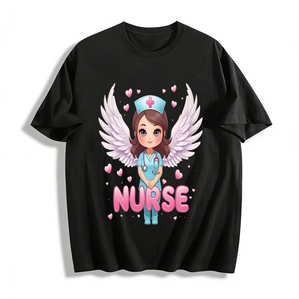 

Angel Nurse Print Casual Top Women s Versatile Comfort Daily T-Shirt Pure cotton T-shirt XXS