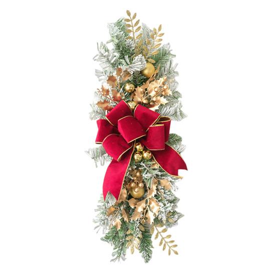 Christmas Stair Garland with Faux Snow Pine Cones Ribbon Realistic PVC Christmas Wreath for Indoor Decor Staircase Door Mantel Decoration