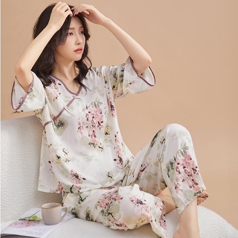 Classical national style new Chinese pajamas women's spring, summer and autumn new cotton silk disc buckle sweet loungewear hanfu two-piece set