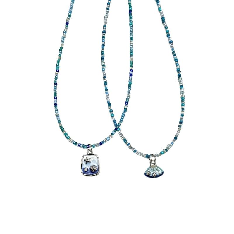 Unique Beach Style Beaded Necklace Blue Shell Pendant Detail Clavicle Chain Adjustable Length Neckchain