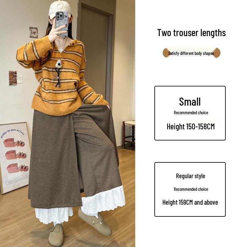 Women's Patchwork Lace Trim High-Waisted Wide-Leg Pants: Versatile, Slimming, Plus Velvet for Autumn/Winter 2025.