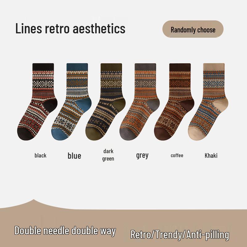 Herrensocken im Ethno-Stil, mittelhoch, doppelt gestrickt - Antibakteriell, Retro für Herbst/Winter