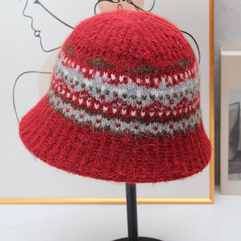 Vintage Fair Island jacquard knitted bucket hat women's autumn and winter plush warm bucket hat literary short brim basin hat
