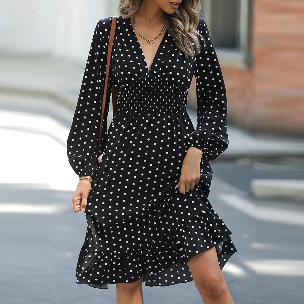 Women's Fashionable Waist Cinching Slimming Polka Dot Printed Long Sleeved Western-style Dress