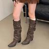 Two Belt Buckle Long Tube But Knee Long Boots Punk Pointed Western Cowboy Boots Retro Tall Knight Boots