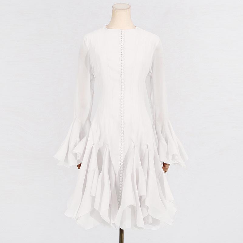 2025 Summer Women's Ruffle Design Waist-Slimming Flared Sleeve Dress