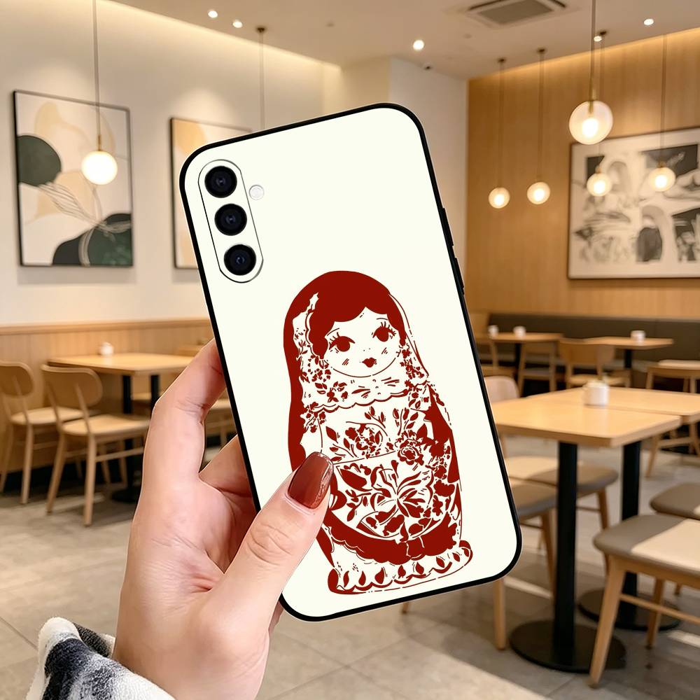 Adorable R-Russian Folk Art Doll Phone Case Black Silicone Soft For Samsung Galaxy A73,A72,A71,A70,A53,A52,A51