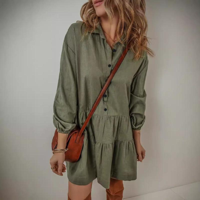 Women's Solid Color Long Sleeve Lapel Button Loose Short Dress