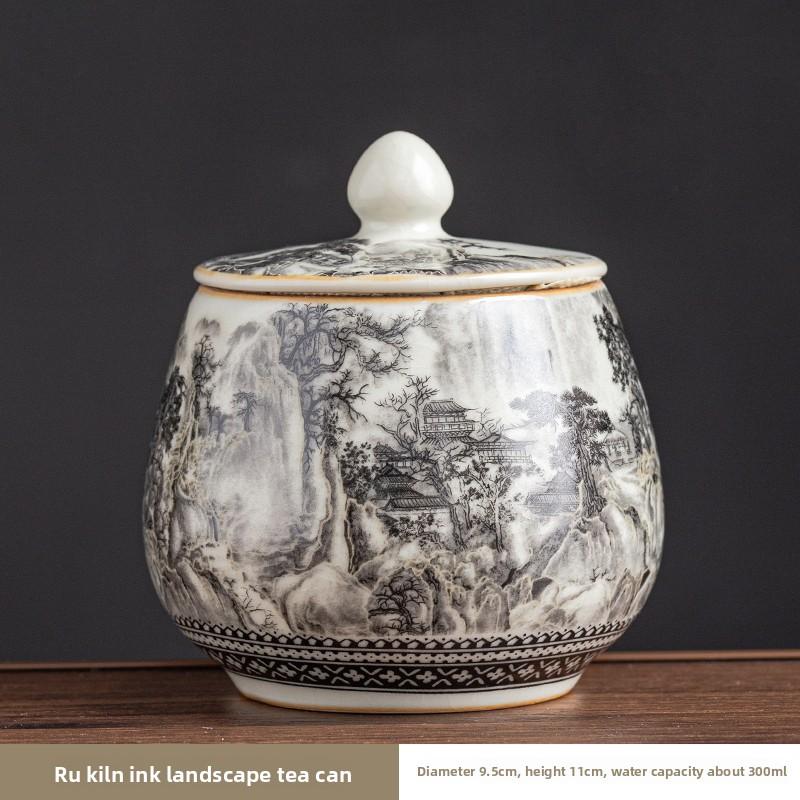 

1pcs Ru Kiln Ceramic Small Tea Jar Sealed Storage Jar Ink Wash Wind Landscape Pattern Handmade Tea Storage