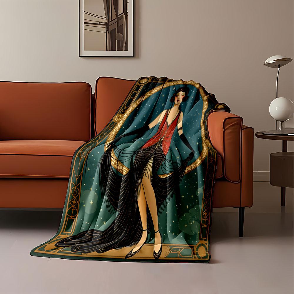 Elegant Vintage Art Deco Design with a Flapper Woman Framed In Gold. for All Seasons Blanket Lunch Break Throw Gift