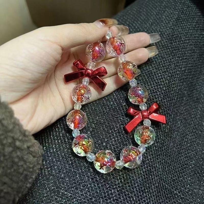 Sparkling Acrylic Beaded Bow Phone Wrist Strap Lanyard Keychain Wristlet Chain Short Women Droplet Crystals Handbag Use