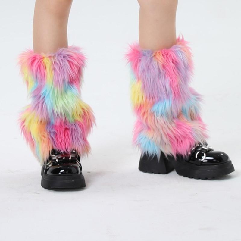 Damen Mädchen Japanisch Vintage Bunt Plüsch Beinstulpen Ästhetisch Punk Flauschig Verdickt Stiefelgamaschen Beinwärmer Lange Socken