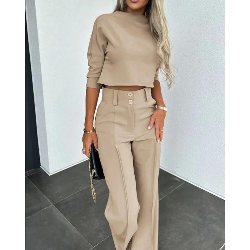 Crop Cropped Top Wide-Leg Pant Suit Crop-Top Short Top Loose Pants Two-piece Set