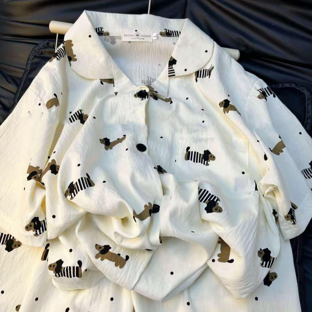 

Cartoon sausage puppy pajamas women s summer short-sleeved shorts student two-piece set cute ins beautiful girl loungewear S