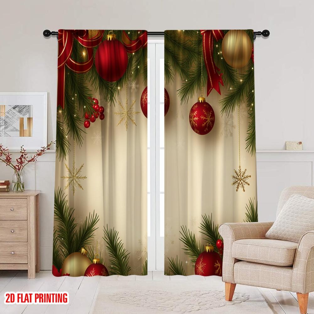 2pcs,2D Plane Printing Contemporary Curtains Christmas Baubles Fir Branches Snowflakes Versatile Durable Polyester (without Rod)