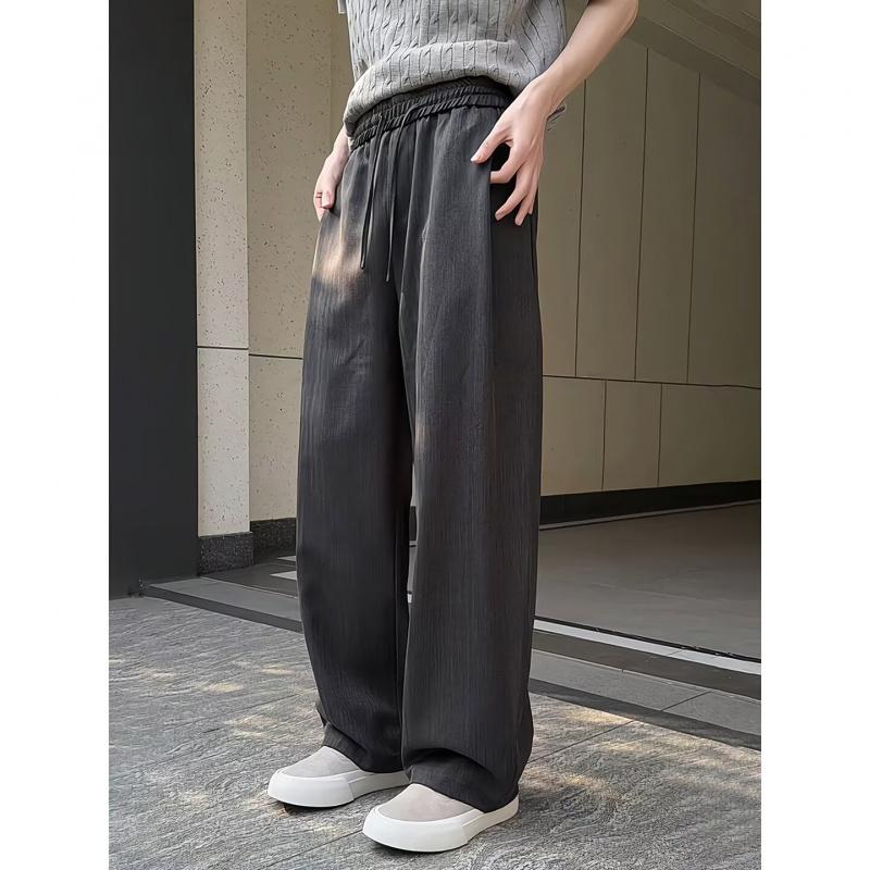 Lazy style drooping casual pants for men in summer, loose and wide legs, comfortable and simple, solid color drawstring pants