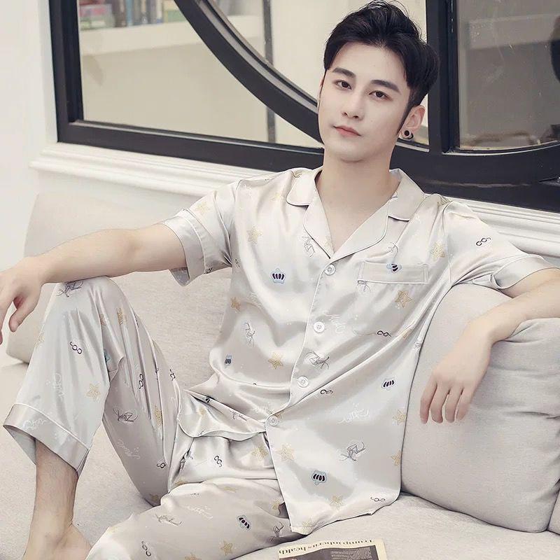 Men's Summer Ice Silk Pajama Set: Long Sleeve, Long Pants, Loose-Fit, Cooling Style.