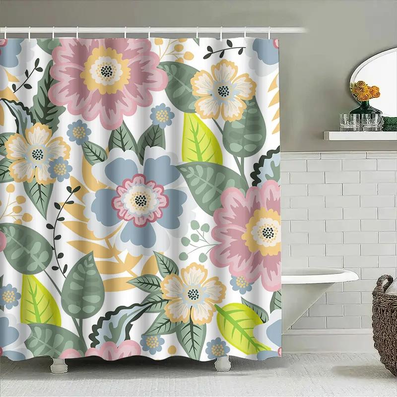 Floral Printed Shower Curtain Setpink Green Blue Yellow White Bath Towel Decorative Waterproof Window Shutter 6 Hooks For Bathro