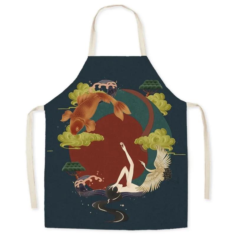 Retro Chinese crane pattern linen apron home cleaning anti-oil bib kitchen adult cooking baking sleeveless apron 38X47cm