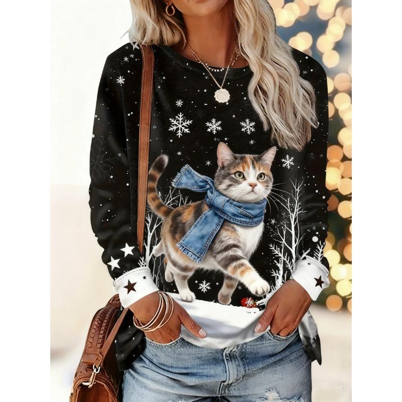 Christmas-themed women's snowflake and kitten print round neck long-sleeved T-shirt, festive black and white casual loose top