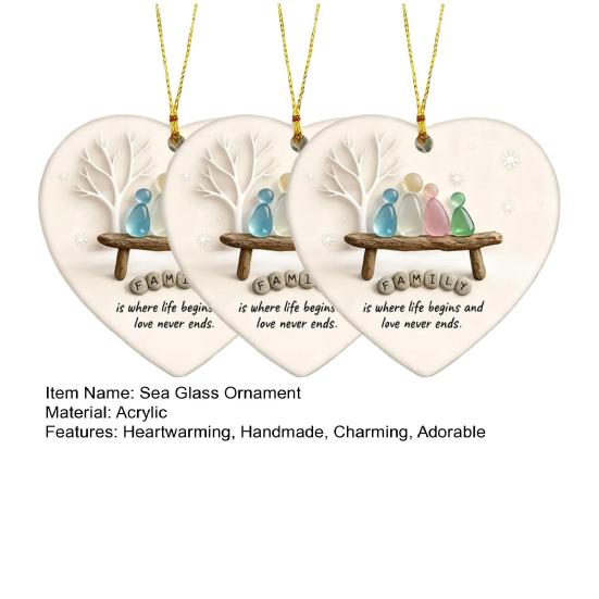 Yousheng Heart-Shaped Sea Glass Family Ornament Handmade Sea Glass Art Heart Ornament for Christmas Tree Home Decor